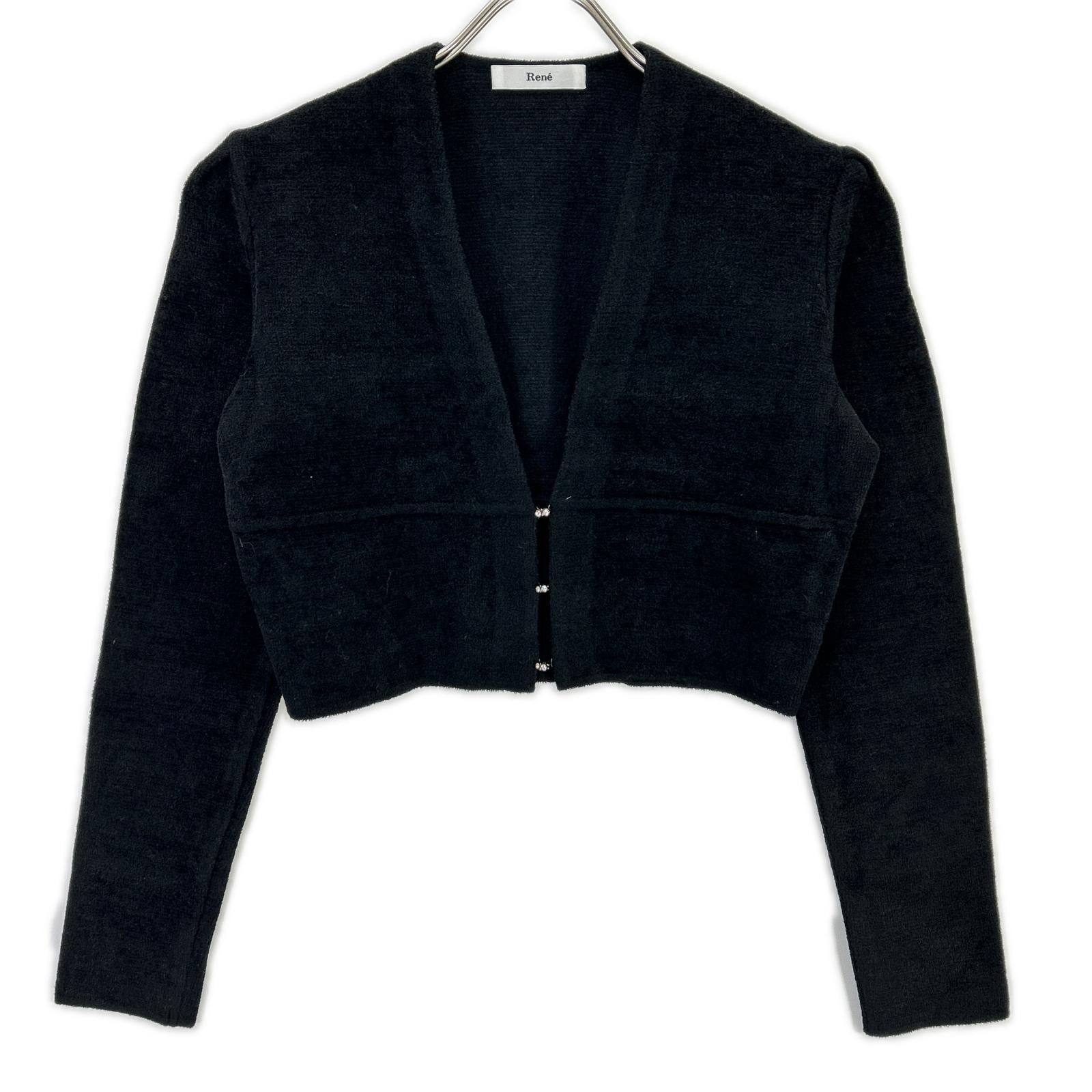 Rene 6042380 Black Rayon-Wool Pile Short Cardigan Tops
