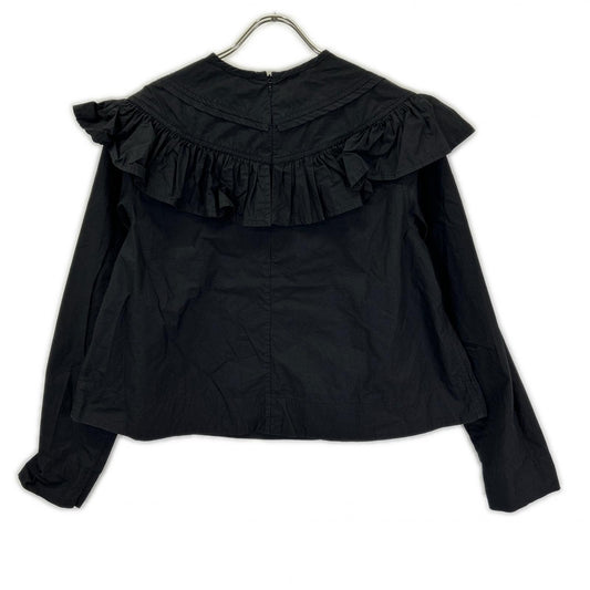 GANNI Black Cotton Poplin Frill Blouse Tops