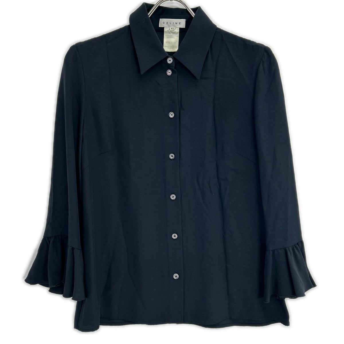 Celine 20028/0089 Black 100% Silk Ruffle-Sleeve Button Shirt Blouse Top