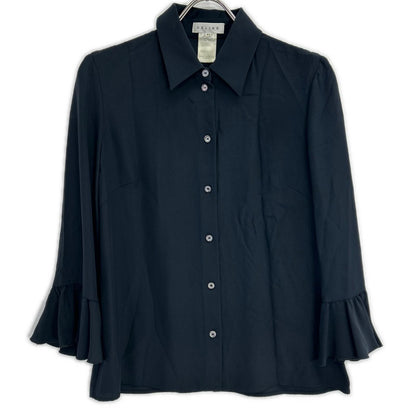 Celine 20028/0089 Black 100% Silk Ruffle-Sleeve Button Shirt Blouse Top