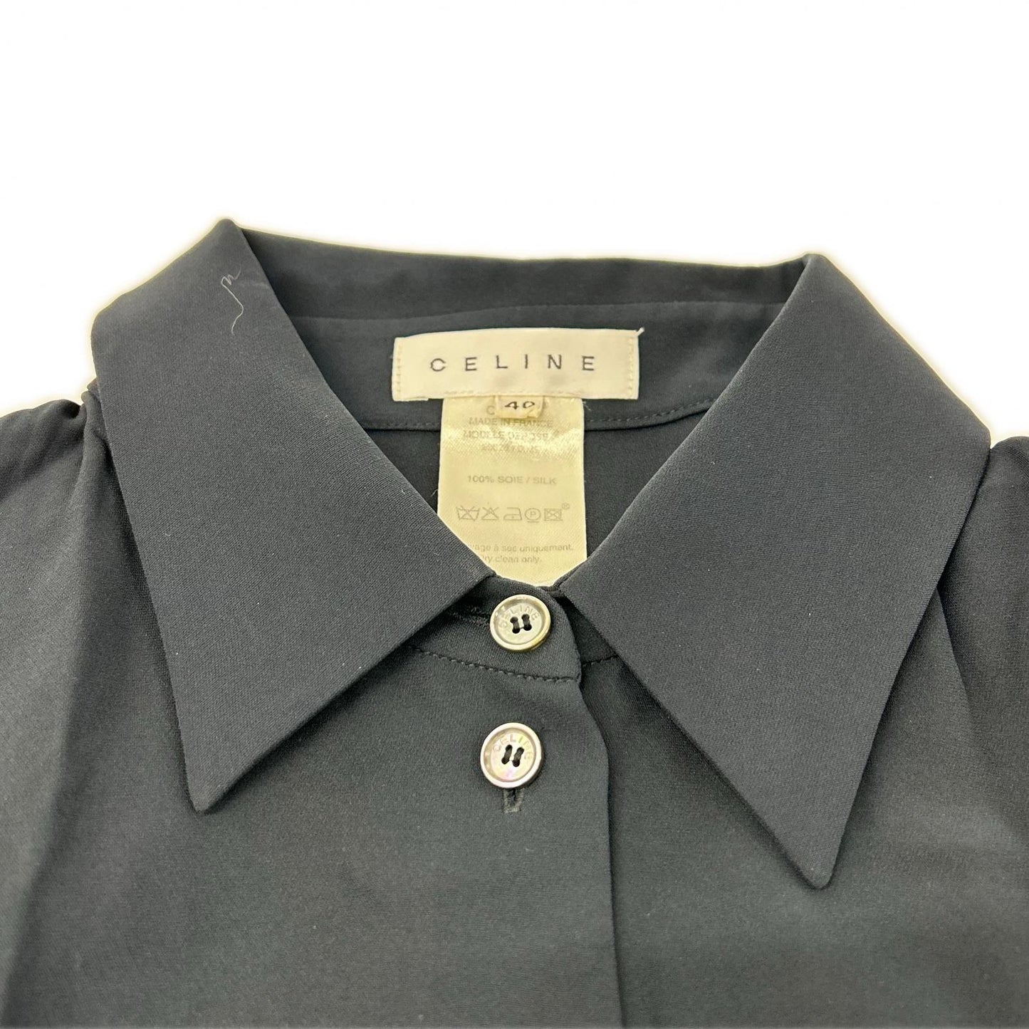 Celine 20028/0089 Black 100% Silk Ruffle-Sleeve Button Shirt Blouse Top