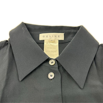 Celine 20028/0089 Black 100% Silk Ruffle-Sleeve Button Shirt Blouse Top