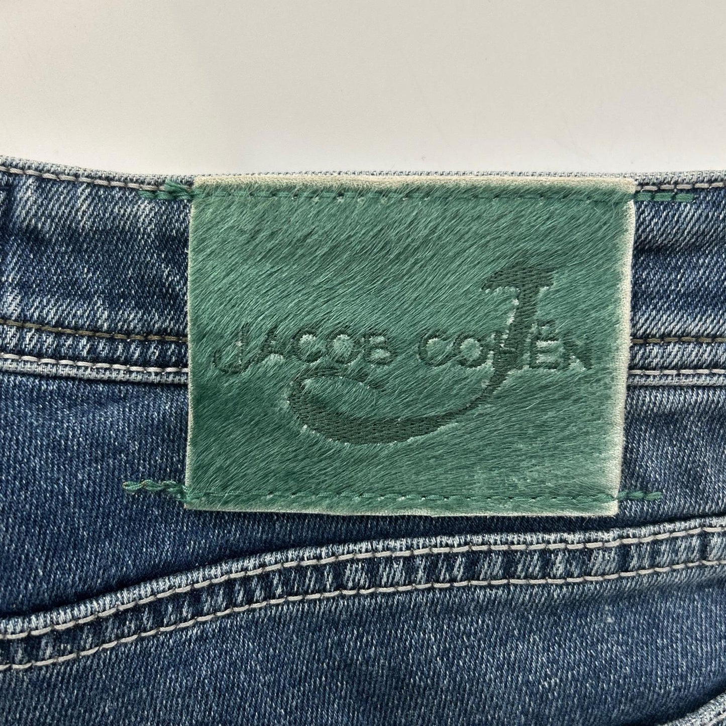 JACOB COHEN ヤコブコーエン 622 ブルー ダメージ加工 ボタンフライ グリーンハラコパッチ デニムパンツ ボトムス