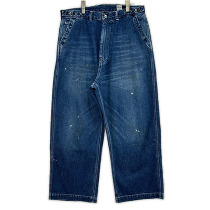 Ordinary fits オーディナリーフィッツ ブルー コットン ユーズド加工 デニム ワイド ベルパンツ ボトムス
