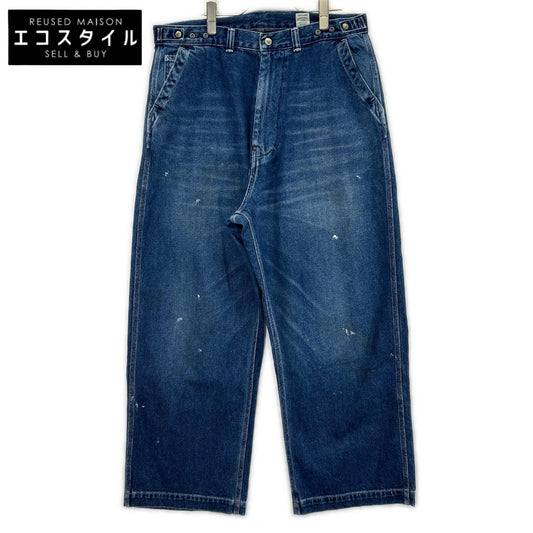 Ordinary fits オーディナリーフィッツ ブルー コットン ユーズド加工 デニム ワイド ベルパンツ ボトムス