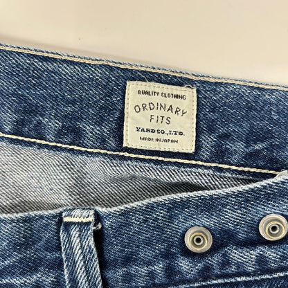 Ordinary fits オーディナリーフィッツ ブルー コットン ユーズド加工 デニム ワイド ベルパンツ ボトムス