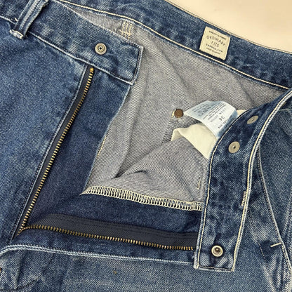 Ordinary fits オーディナリーフィッツ ブルー コットン ユーズド加工 デニム ワイド ベルパンツ ボトムス