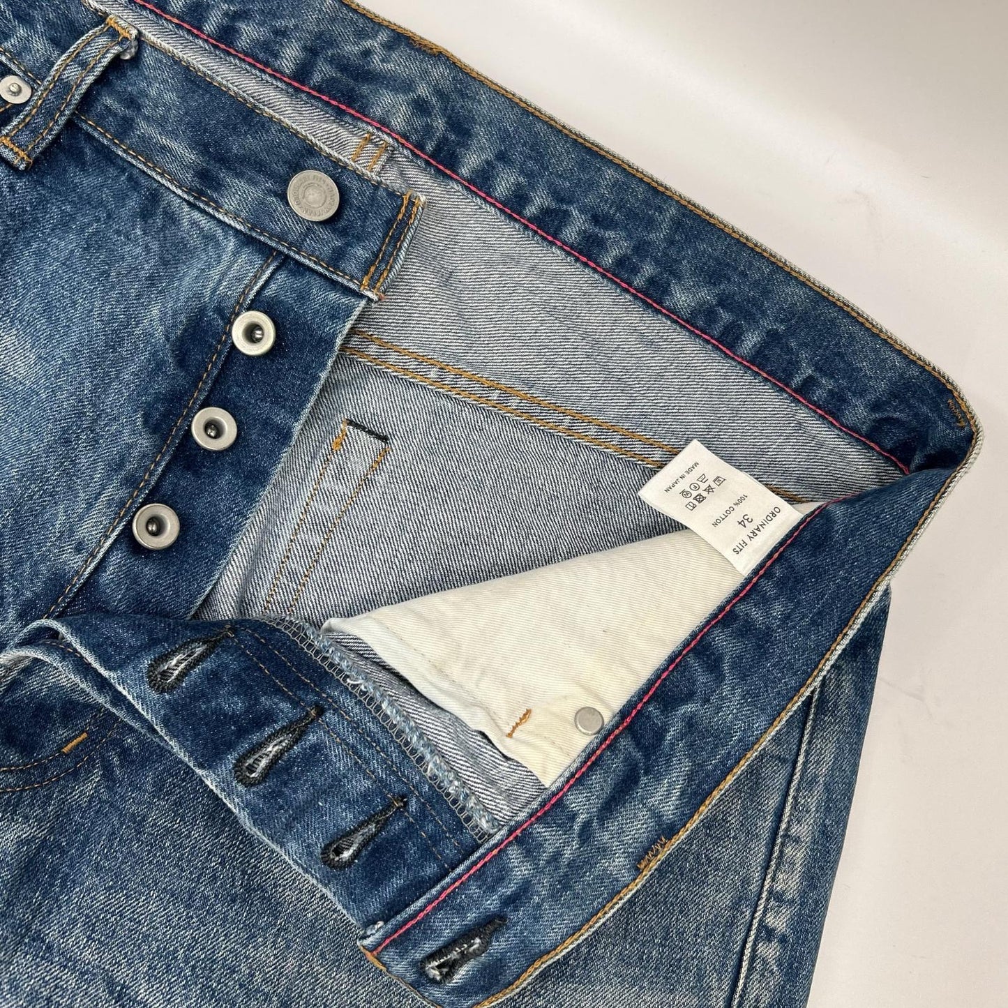 Ordinary fits オーディナリーフィッツ ライトブルー コットン ボタンフライ セルビッジ ウォッシュ加工 デニムパンツ ボトムス