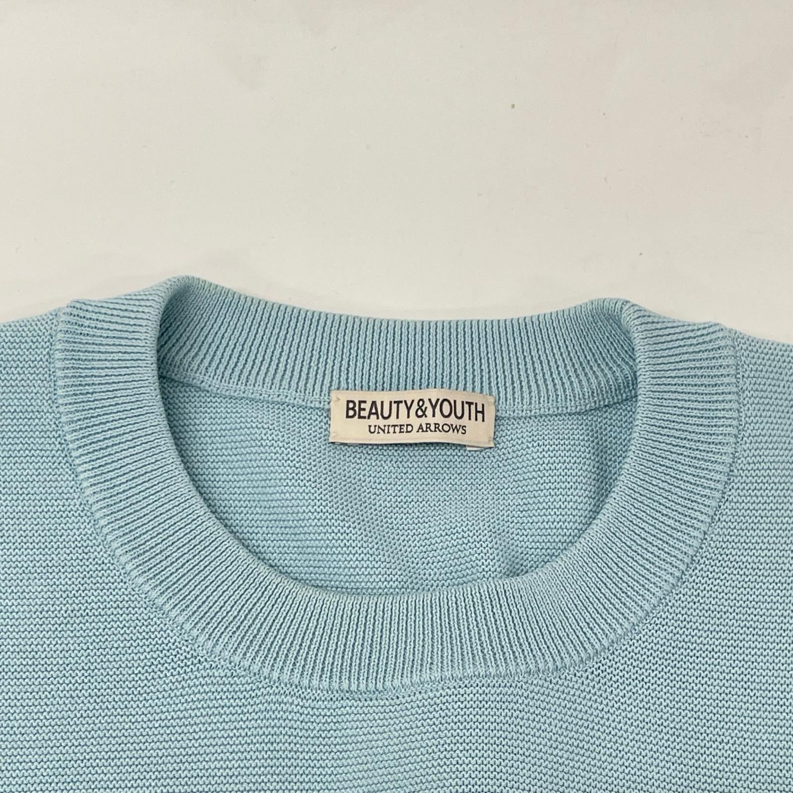 BEAUTY&YOUTH UNITED ARROWS ビューティアンドユース ユナイテッドアローズ 1213-117-4001 ライトブルー コットン混 パール ステッチ フォルム クルーネック ニット トップス