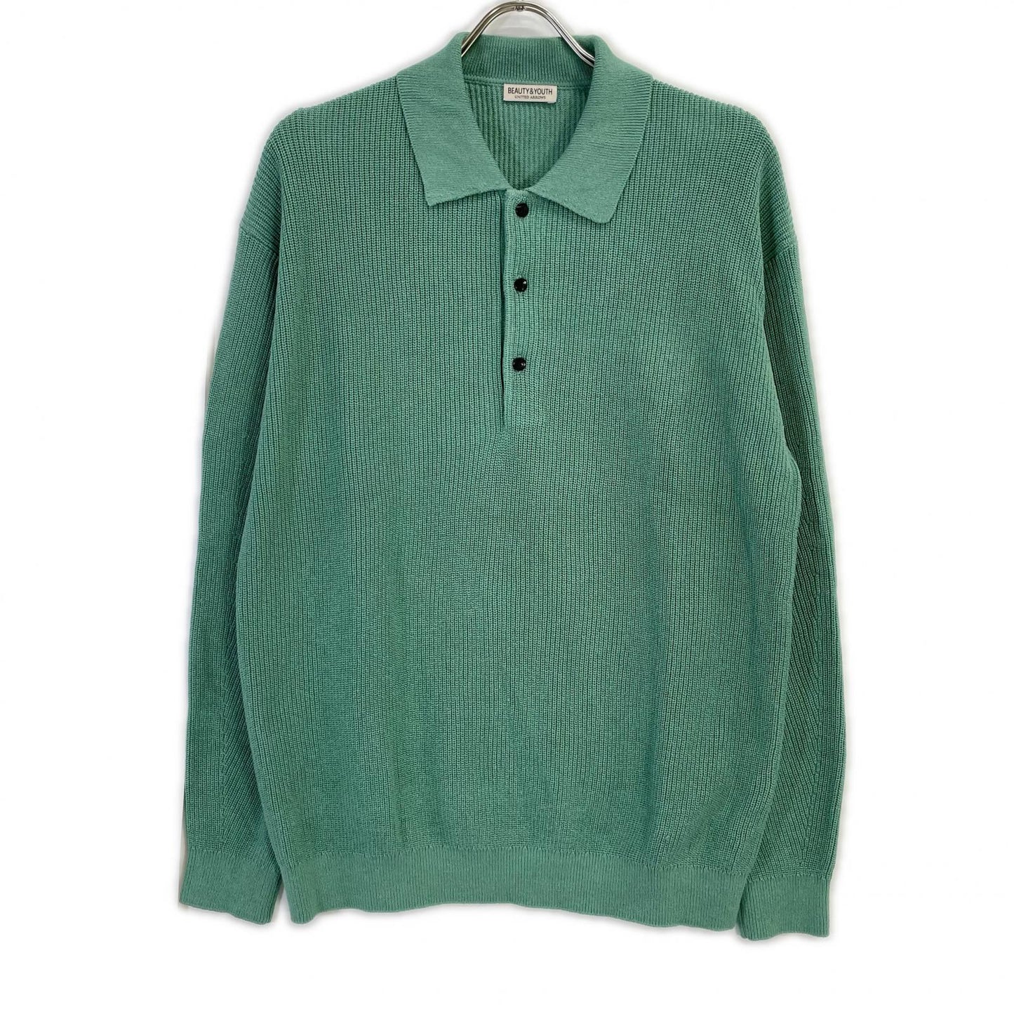 BEAUTY&YOUTH UNITED ARROWS ビューティアンドユース ユナイテッドアローズ 1213-1-000037 グリーン ギマコットン アゼ 3ボタン ポロカラーニット ウォッシャブル トップス