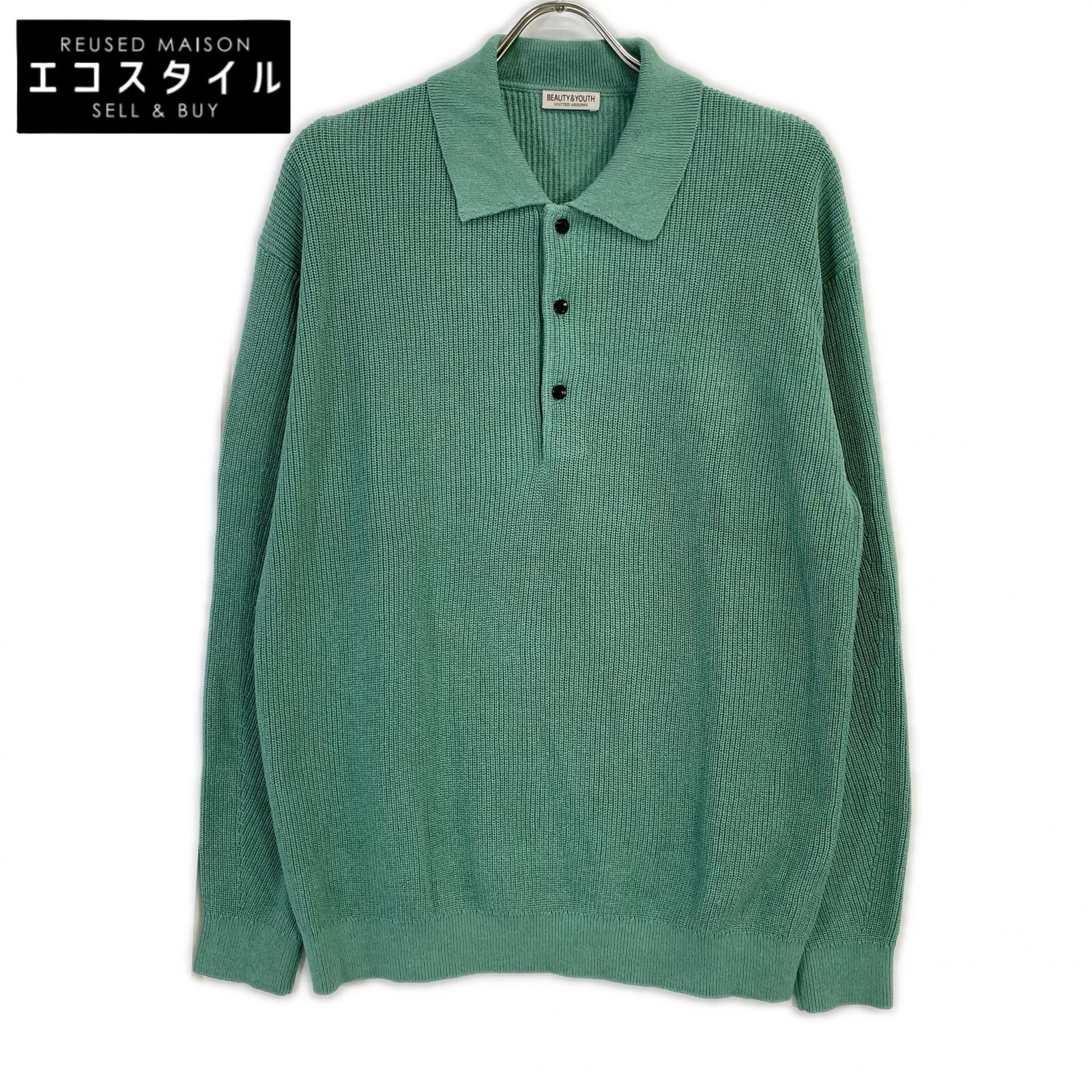 BEAUTY&YOUTH UNITED ARROWS ビューティアンドユース ユナイテッドアローズ 1213-1-000037 グリーン ギマコットン アゼ 3ボタン ポロカラーニット ウォッシャブル トップス