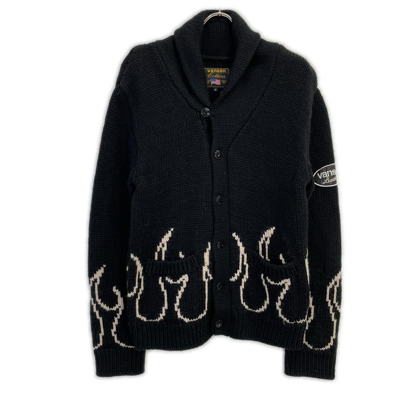 VANSON バンソン ブラック コットン ファイヤーパターン ショールカラーニットカーディガン トップス