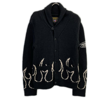 VANSON バンソン ブラック コットン ファイヤーパターン ショールカラーニットカーディガン トップス