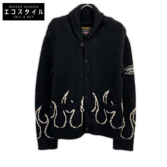 VANSON バンソン ブラック コットン ファイヤーパターン ショールカラーニットカーディガン トップス