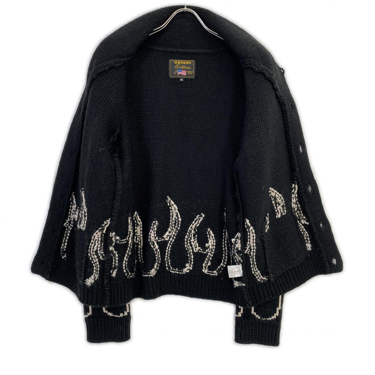 VANSON バンソン ブラック コットン ファイヤーパターン ショールカラーニットカーディガン トップス