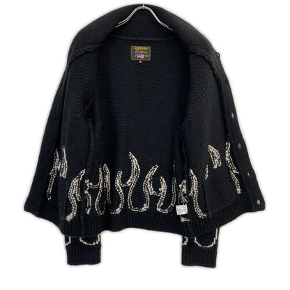VANSON バンソン ブラック コットン ファイヤーパターン ショールカラーニットカーディガン トップス
