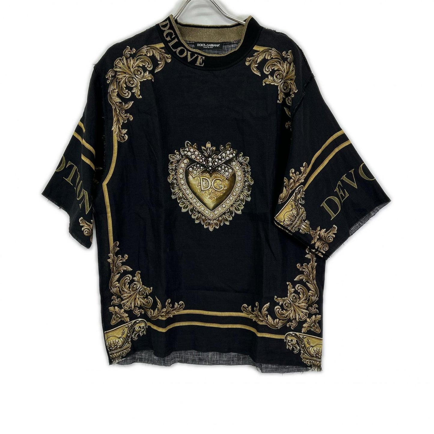 DOLCE&GABBANA ドルチェアンドガッバーナ ブラック×ゴールド リネン100 DGLOVE ショートスリーブ ビッグシルエット トップス トップス