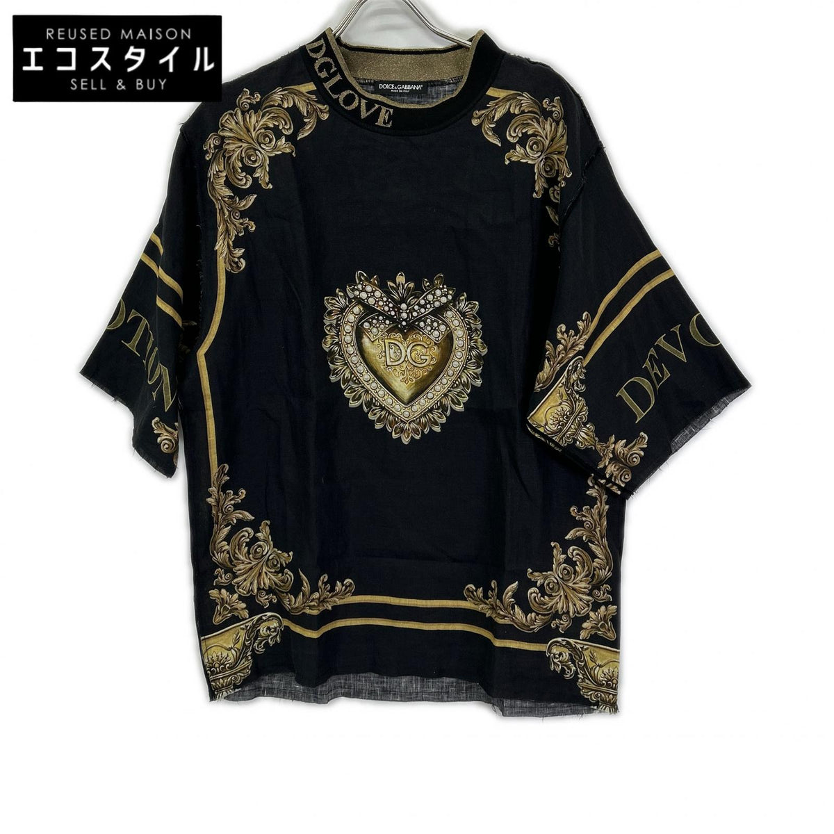DOLCE&GABBANA ドルチェアンドガッバーナ ブラック×ゴールド リネン100 DGLOVE ショートスリーブ ビッグシルエット トップス トップス