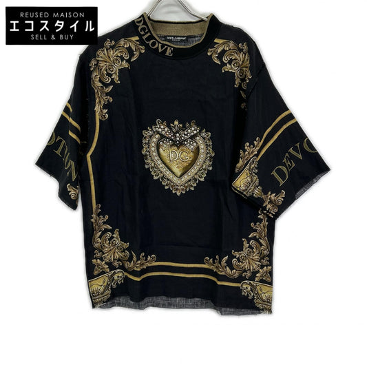 DOLCE&GABBANA ドルチェアンドガッバーナ ブラック×ゴールド リネン100 DGLOVE ショートスリーブ ビッグシルエット トップス トップス
