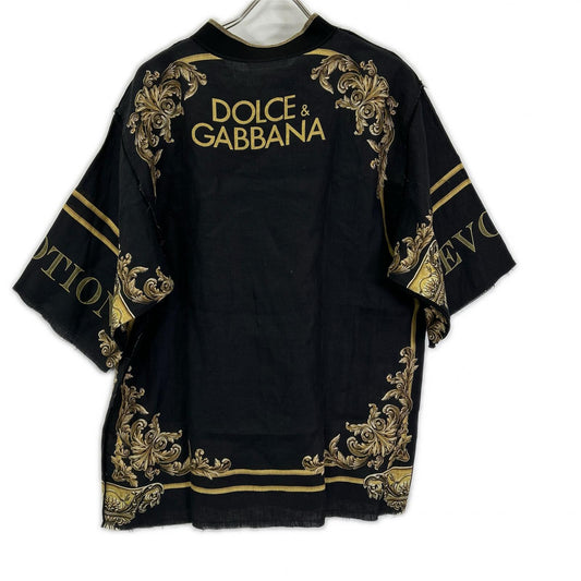 DOLCE&GABBANA ドルチェアンドガッバーナ ブラック×ゴールド リネン100 DGLOVE ショートスリーブ ビッグシルエット トップス トップス