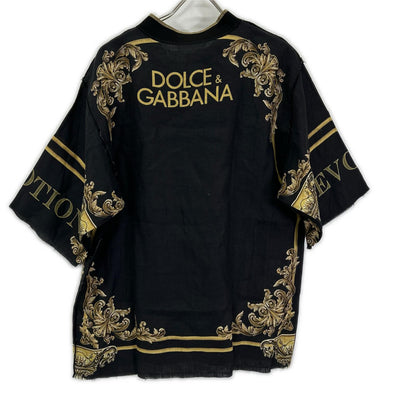 DOLCE&GABBANA ドルチェアンドガッバーナ ブラック×ゴールド リネン100 DGLOVE ショートスリーブ ビッグシルエット トップス トップス