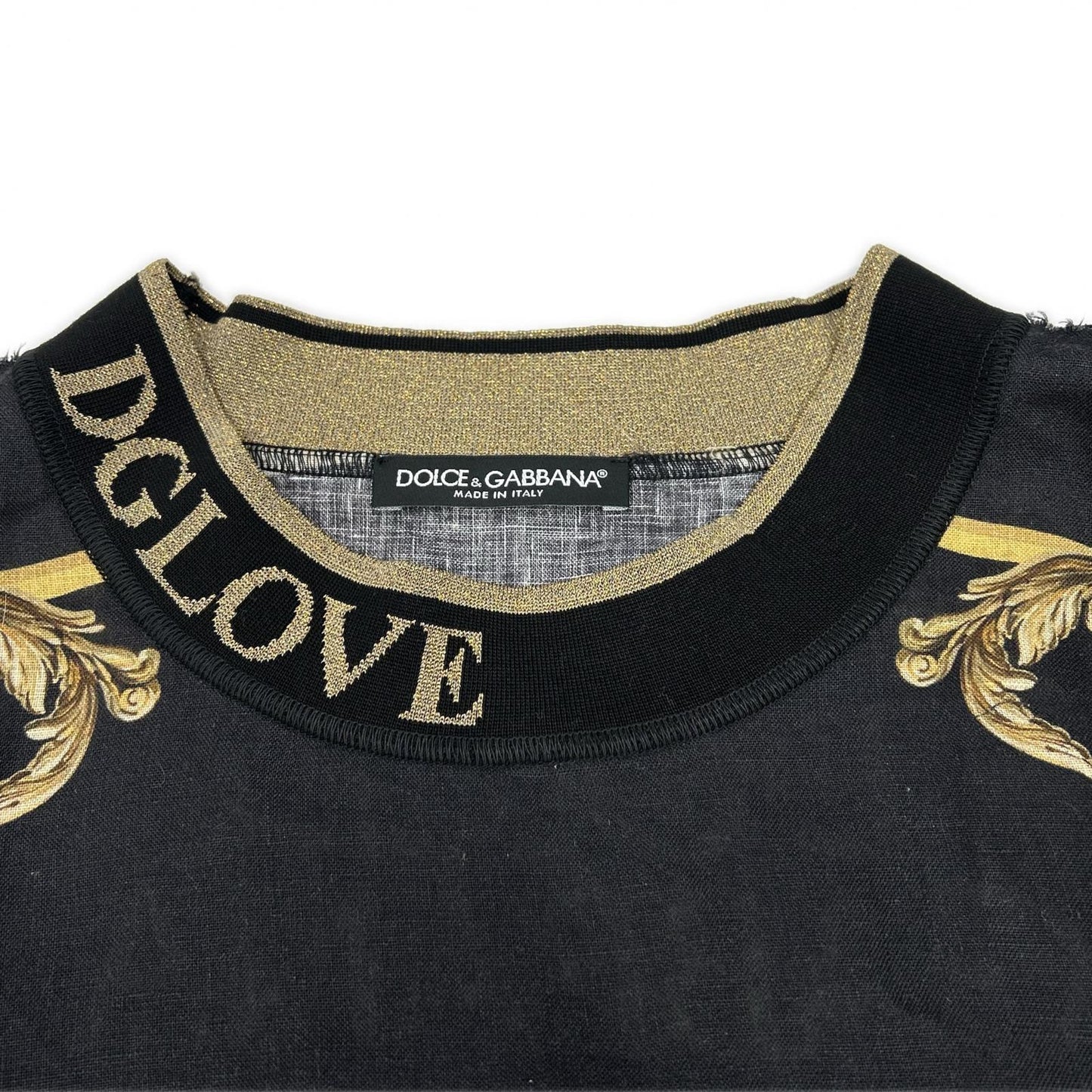 DOLCE&GABBANA ドルチェアンドガッバーナ ブラック×ゴールド リネン100 DGLOVE ショートスリーブ ビッグシルエット トップス トップス
