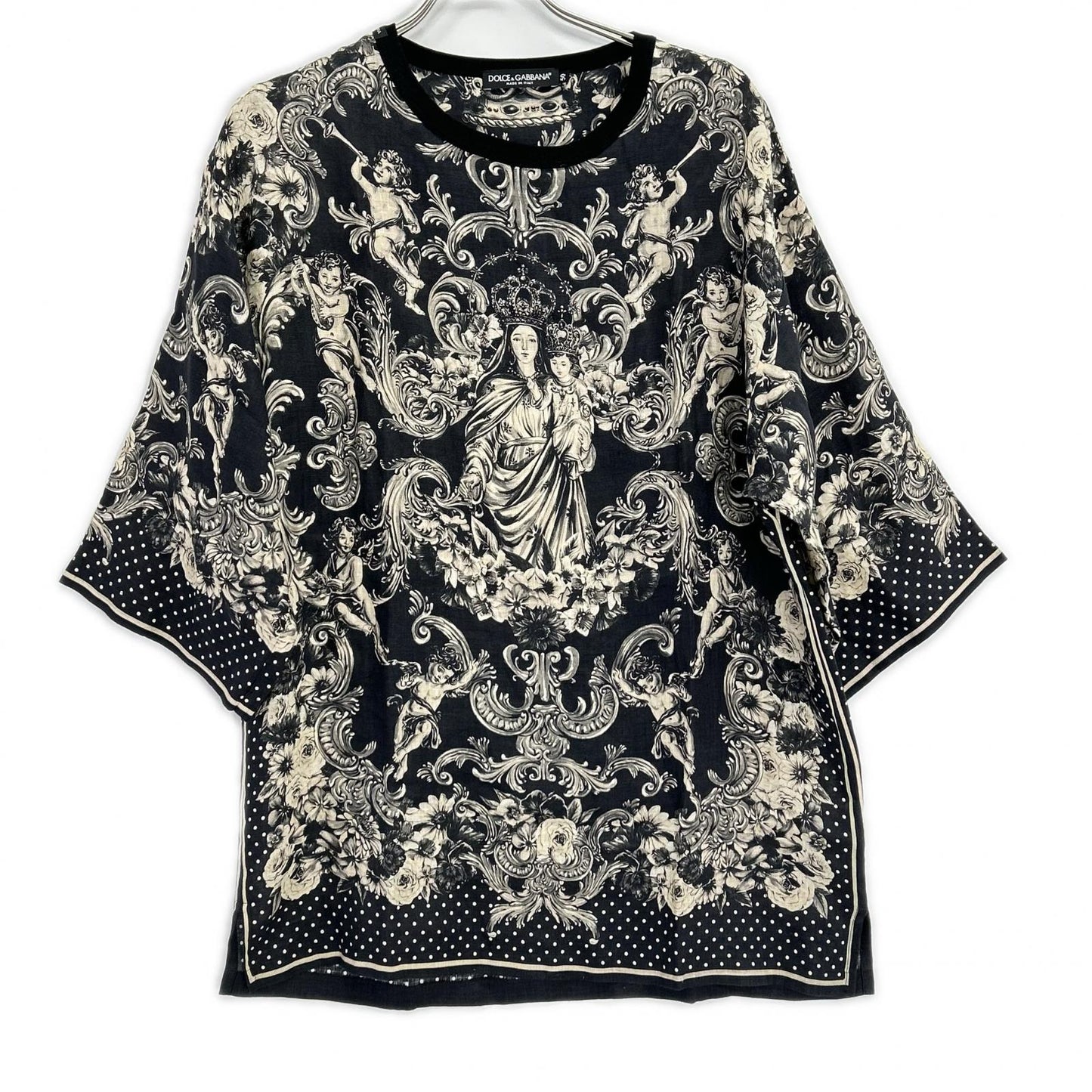 DOLCE&GABBANA ドルチェアンドガッバーナ G8GY6T ブラック リネン100 聖母マリア プリント カットソー トップス