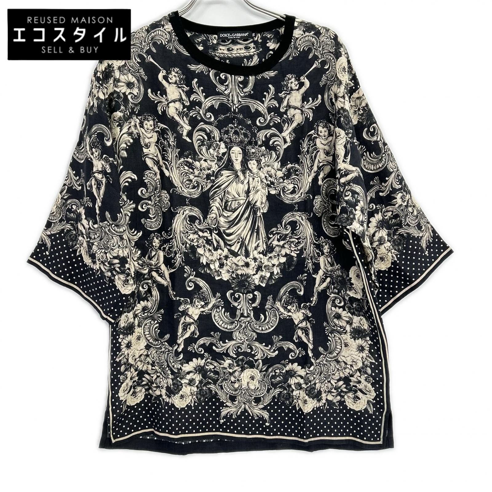 DOLCE&GABBANA ドルチェアンドガッバーナ G8GY6T ブラック リネン100 聖母マリア プリント カットソー トップス