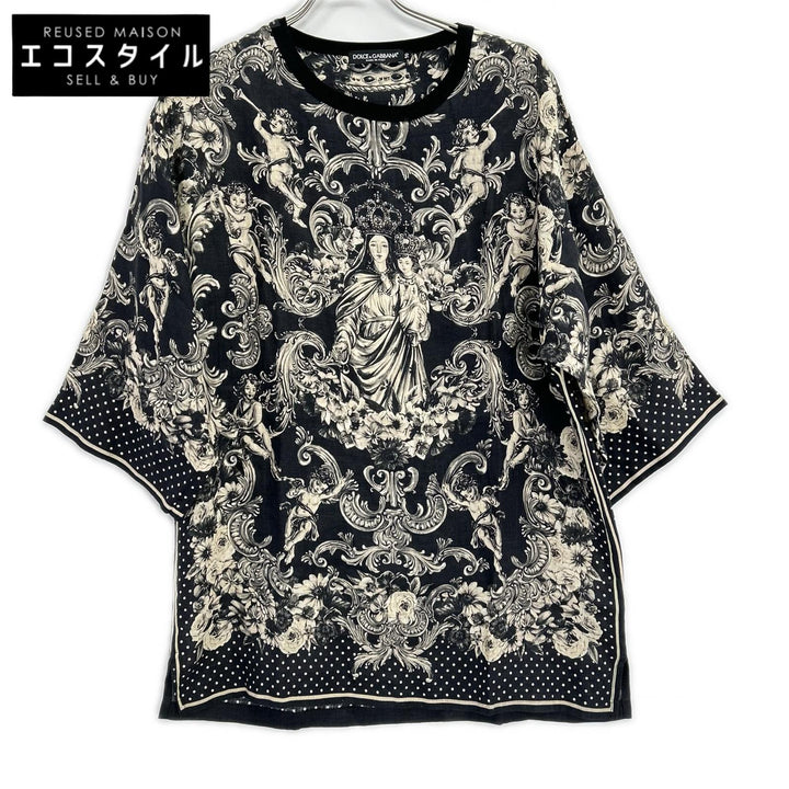 DOLCE&GABBANA ドルチェアンドガッバーナ G8GY6T ブラック リネン100 聖母マリア プリント カットソー トップス