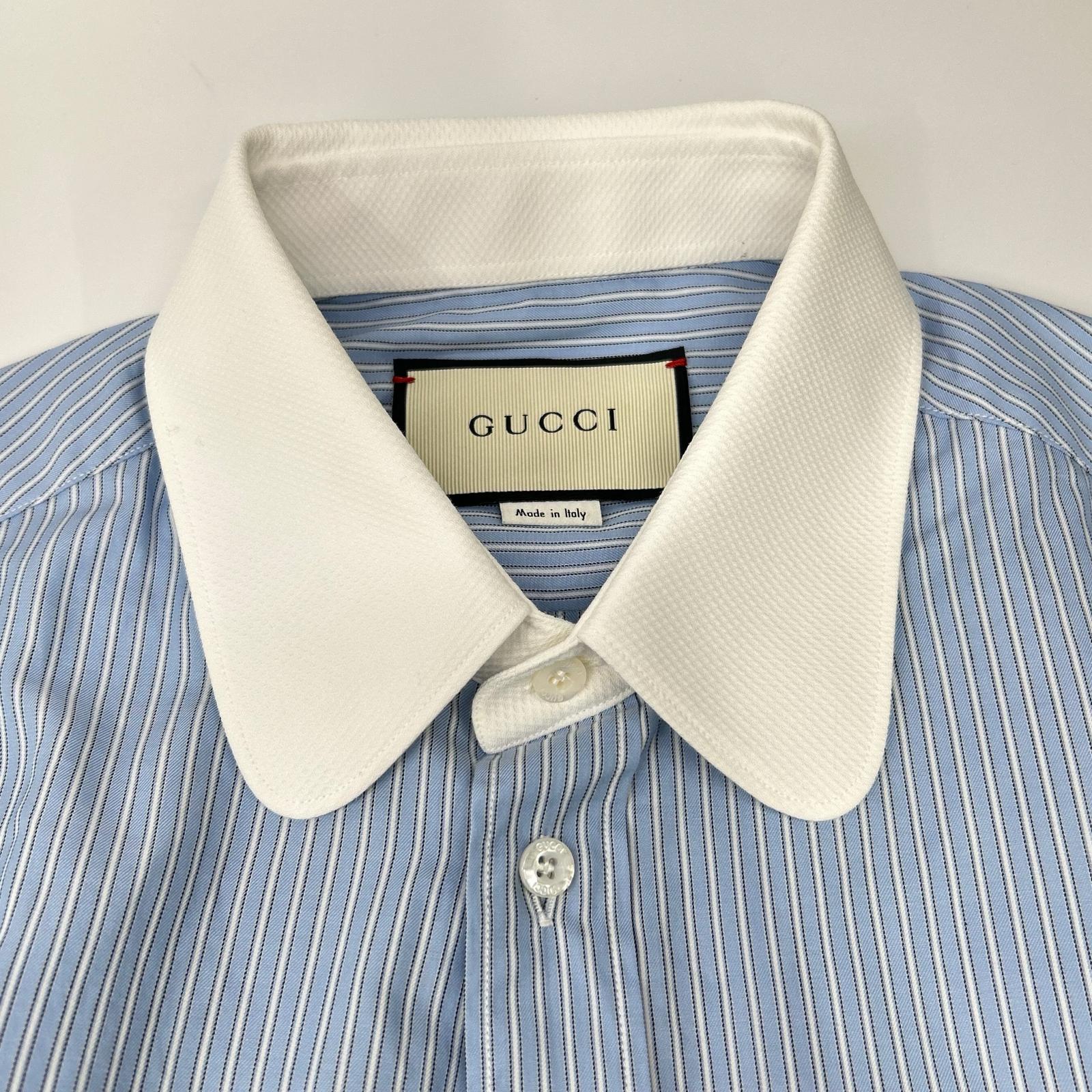 GUCCI グッチ 17年製 480719 ライトブルー ストライプ 雀刺繍 ロングスリーブボタンシャツ トップス