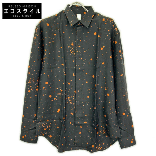 berluti ベルルッティ R18HTL52SBDL ブラック×オレンジ シルク100 ペイントドット ロングスリーブ ボタンシャツ トップス