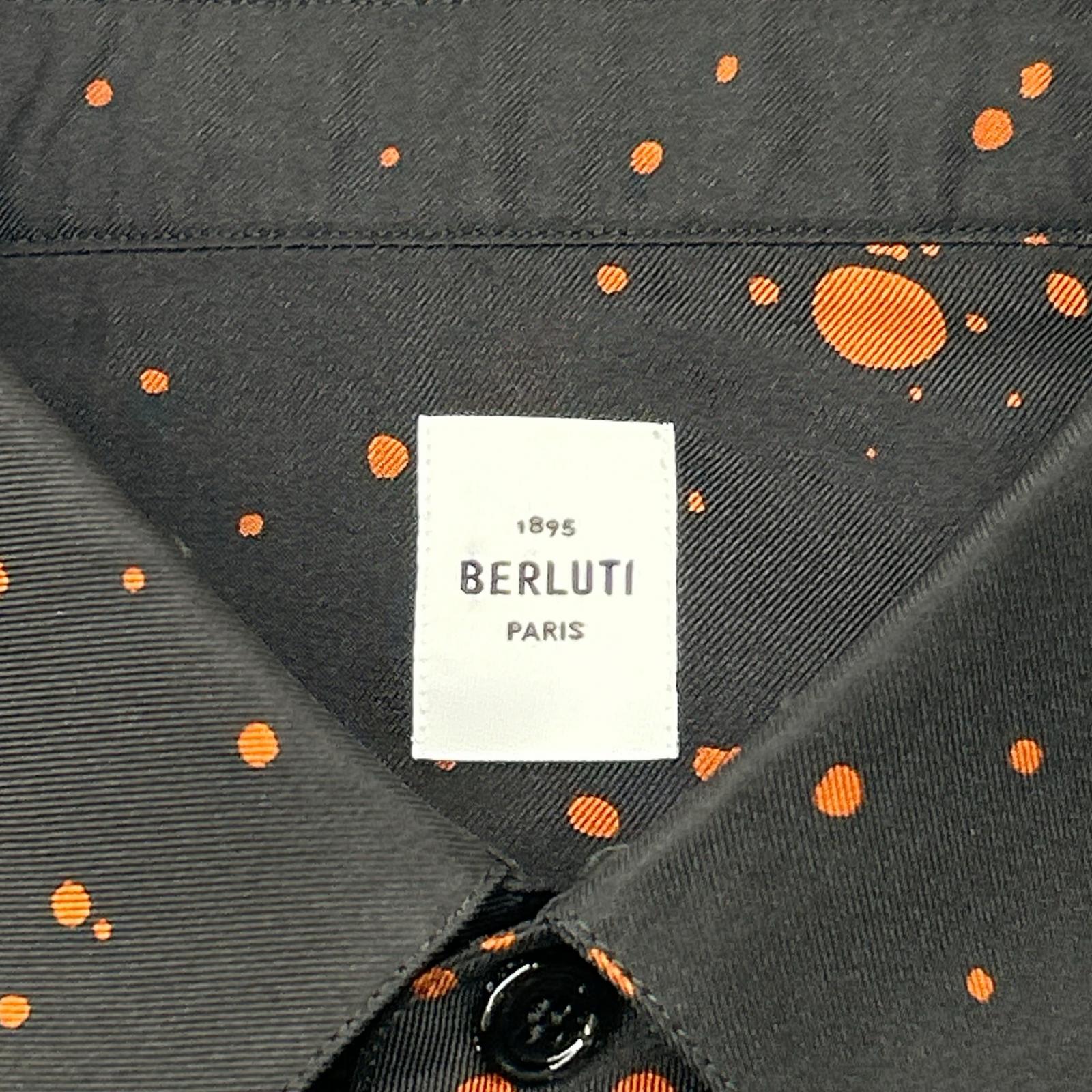 berluti ベルルッティ R18HTL52SBDL ブラック×オレンジ シルク100 ペイントドット ロングスリーブ ボタンシャツ トップス