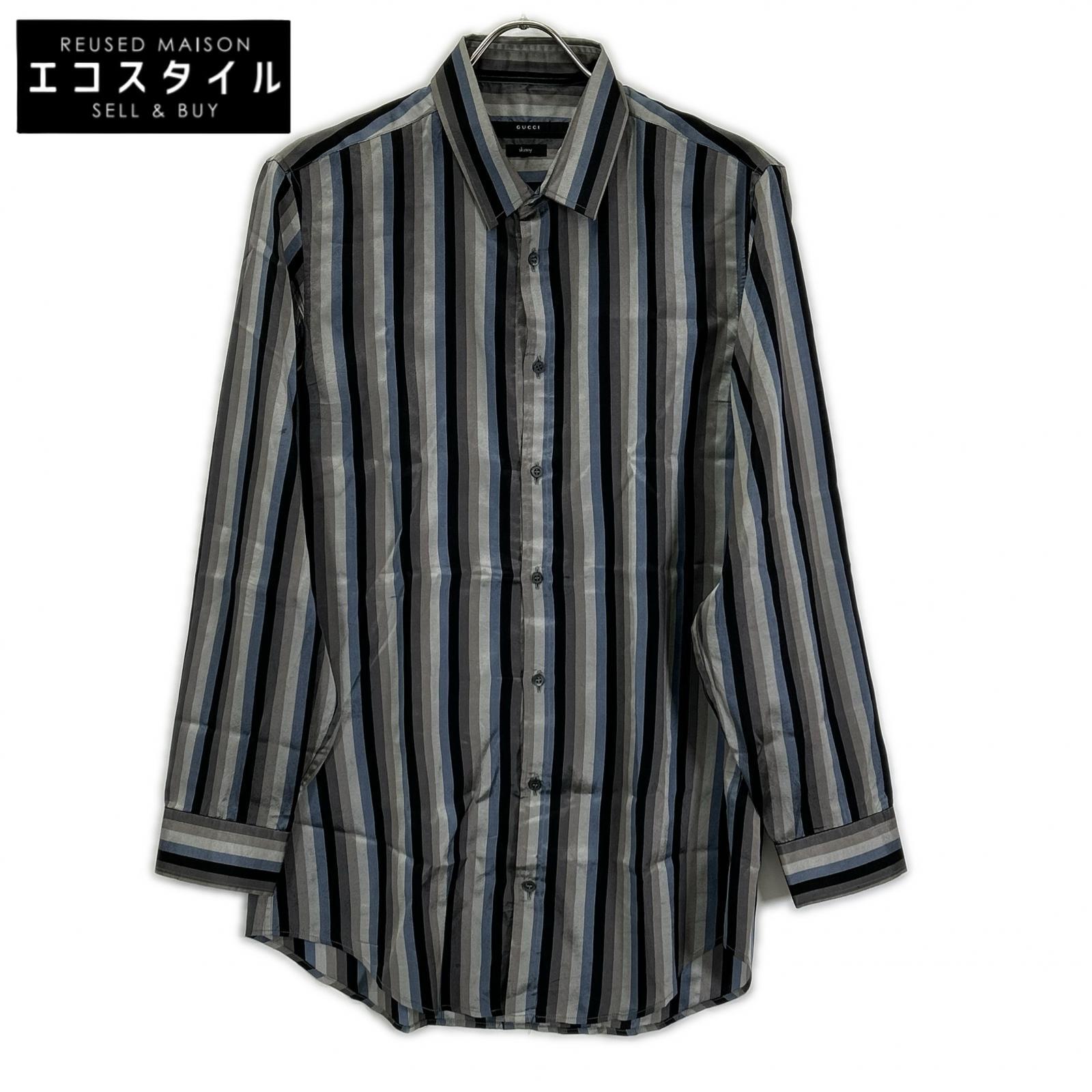 GUCCI グッチ Z63901180 グレー×ブルー マルチカラー トムフォード期 シルクシャツ トップス