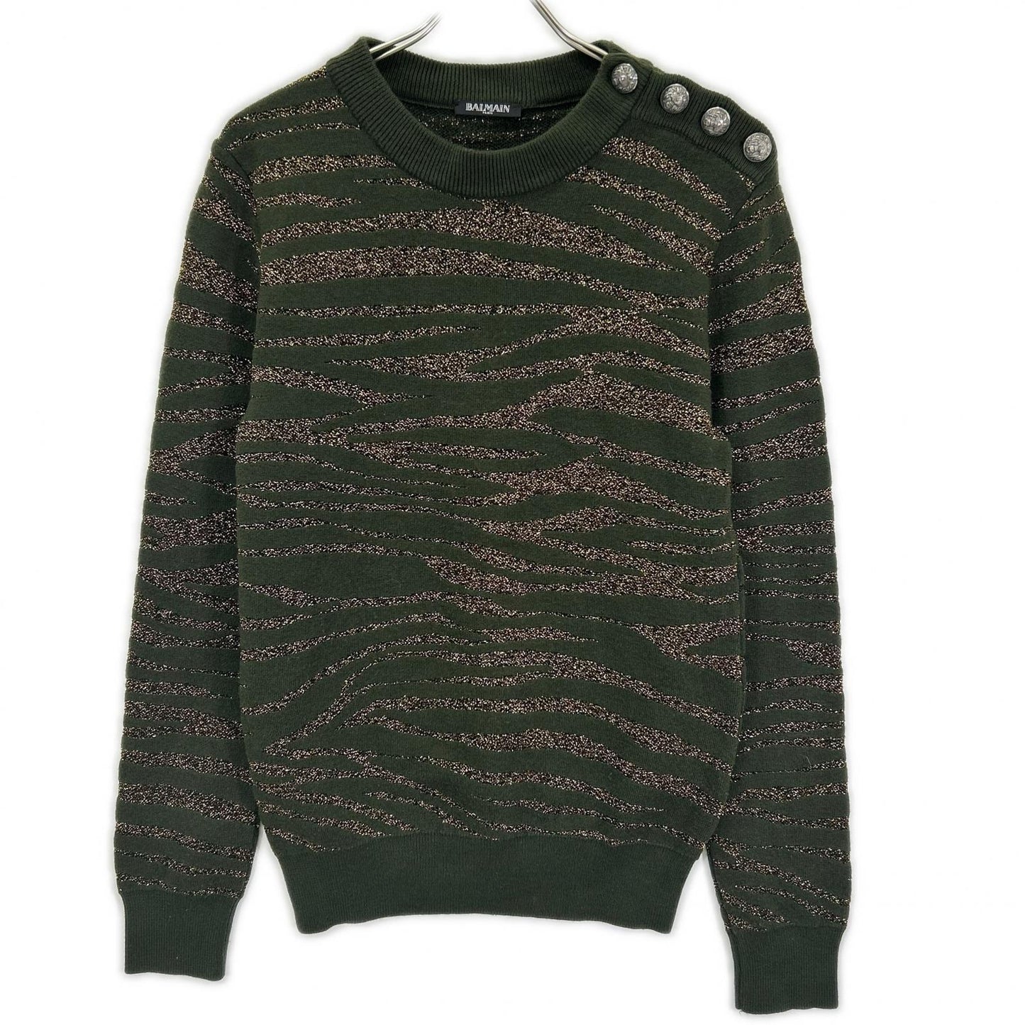 BALMAIN バルマン グリーン×ゴールド ゼブラ ショルダーボタン ニット トップス
