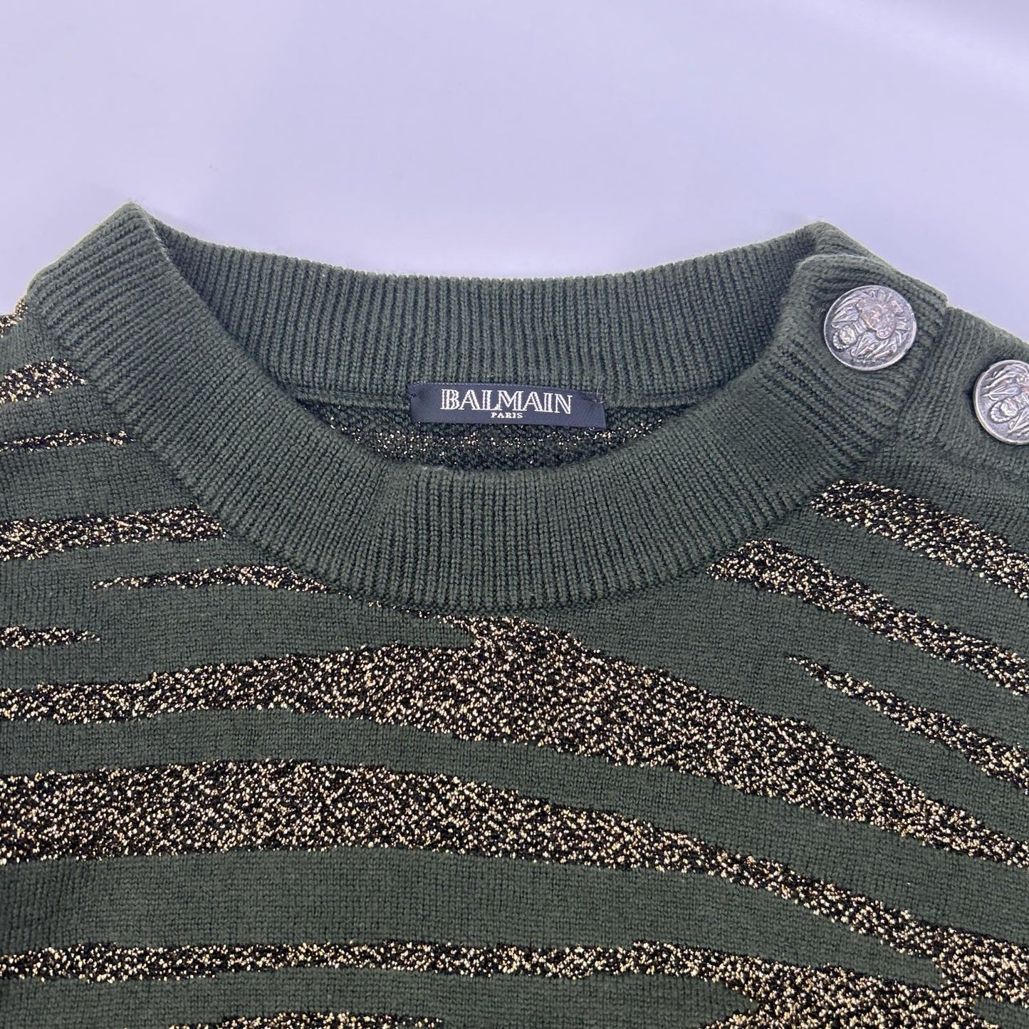 BALMAIN バルマン グリーン×ゴールド ゼブラ ショルダーボタン ニット トップス