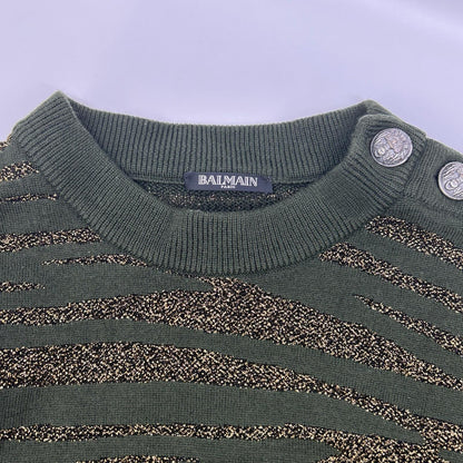 BALMAIN バルマン グリーン×ゴールド ゼブラ ショルダーボタン ニット トップス