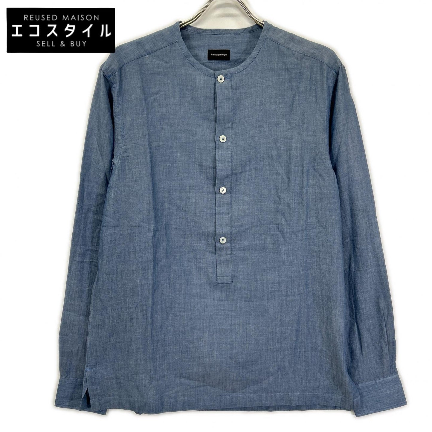 Ermenegildo Zegna エルメネジルドゼニア ライトブルー コットン100 ノーカラー ロングスリーブ ボタンシャツ トップス