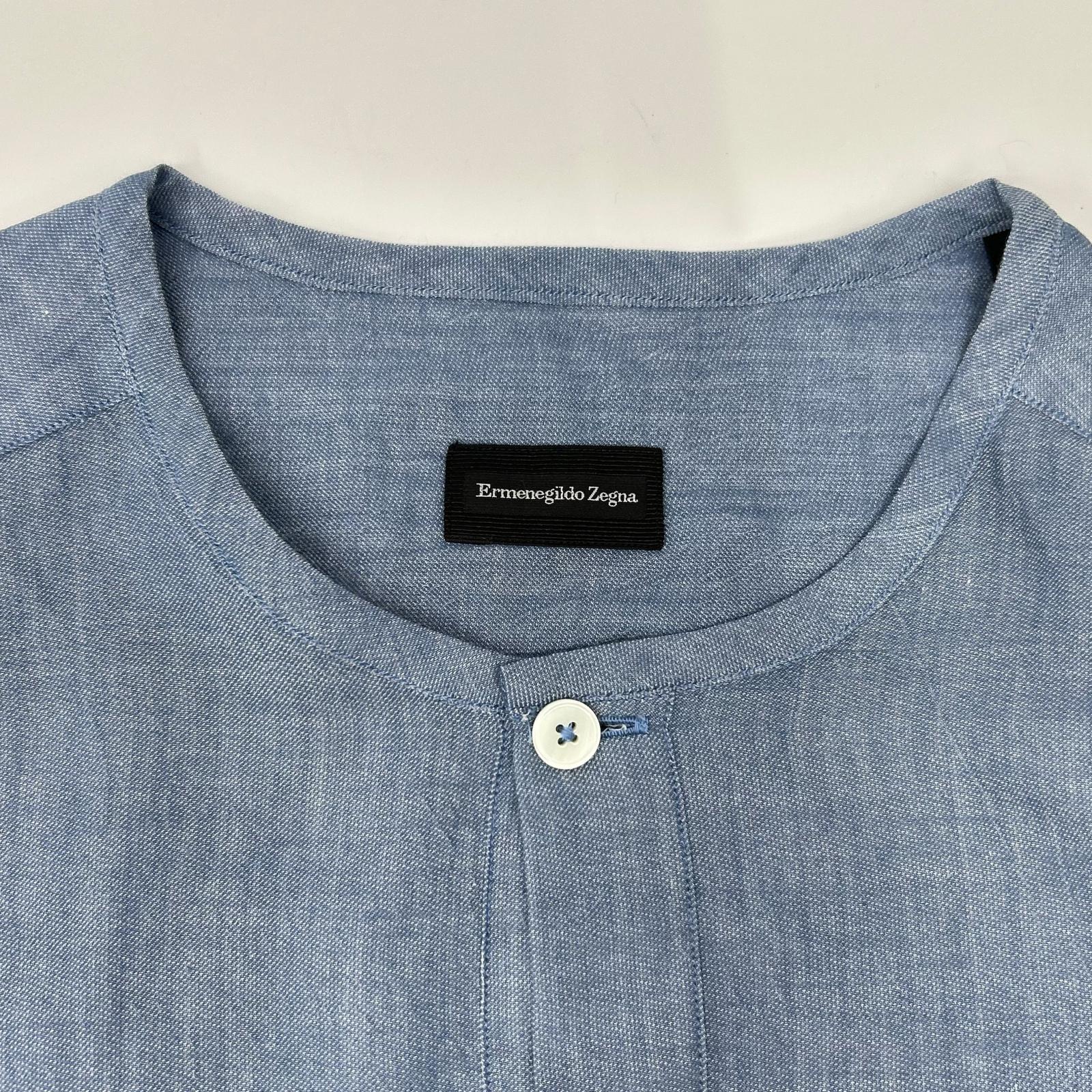 Ermenegildo Zegna エルメネジルドゼニア ライトブルー コットン100 ノーカラー ロングスリーブ ボタンシャツ トップス