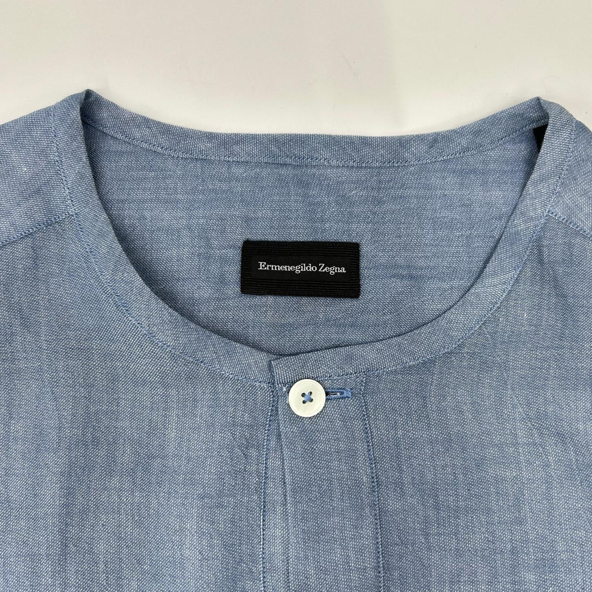 Ermenegildo Zegna Light Blue 100% Cotton Collarless Long-Sleeve Button Shirt Tops