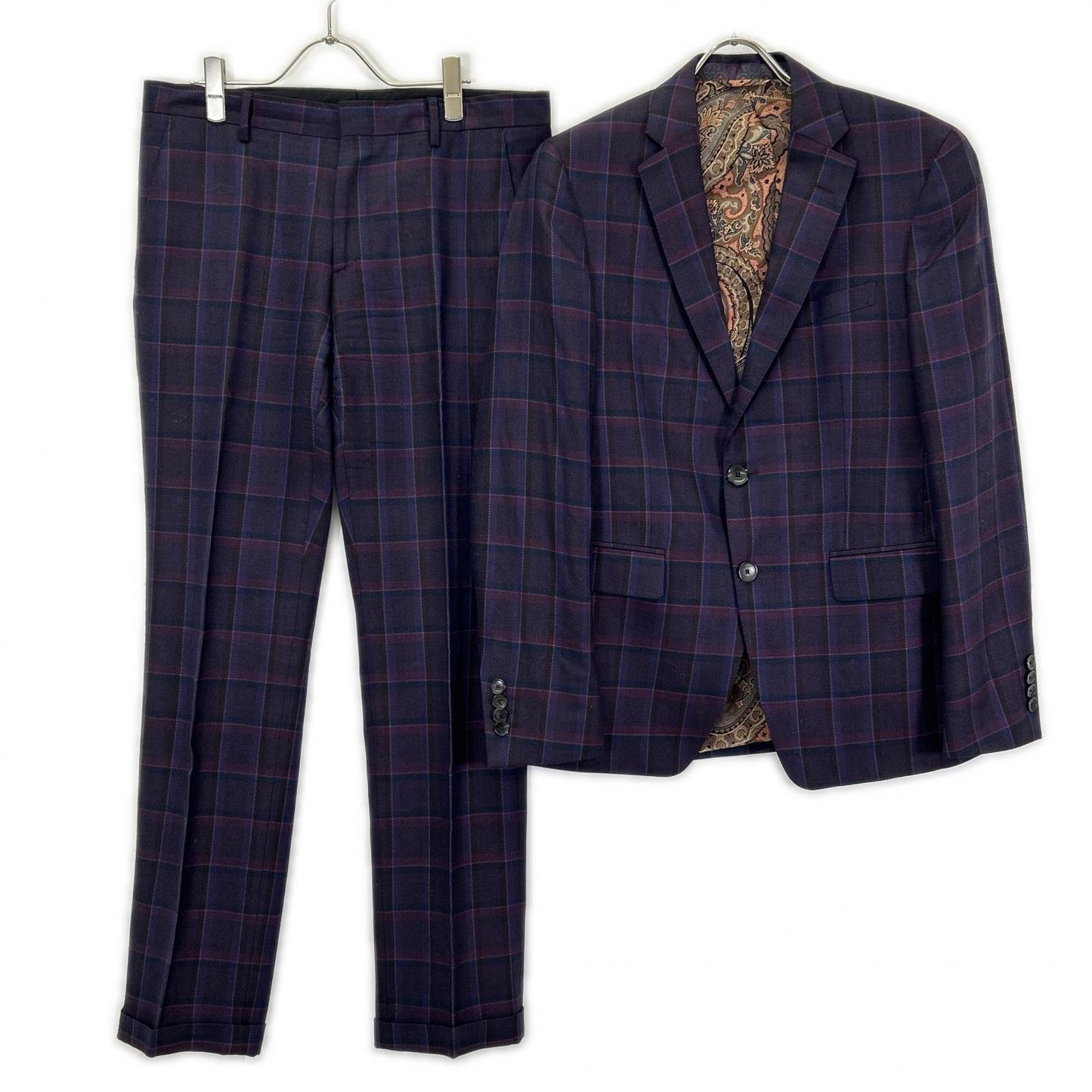 ETRO エトロ 1A984 0125 パープル チェック柄 ペイズリーインナー ジャケット パンツ セットアップ スーツ セットアップ