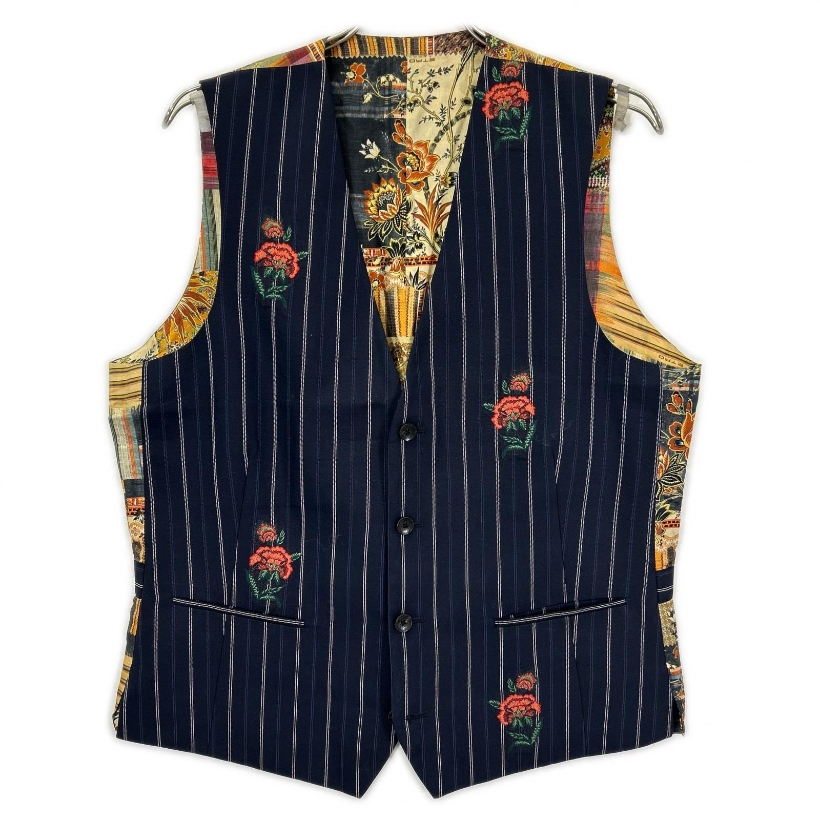 ETRO エトロ 1G960 1186 ネイビー ピンストライプ フラワー刺繍 ジレ ベスト