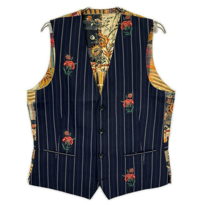 ETRO エトロ 1G960 1186 ネイビー ピンストライプ フラワー刺繍 ジレ ベスト