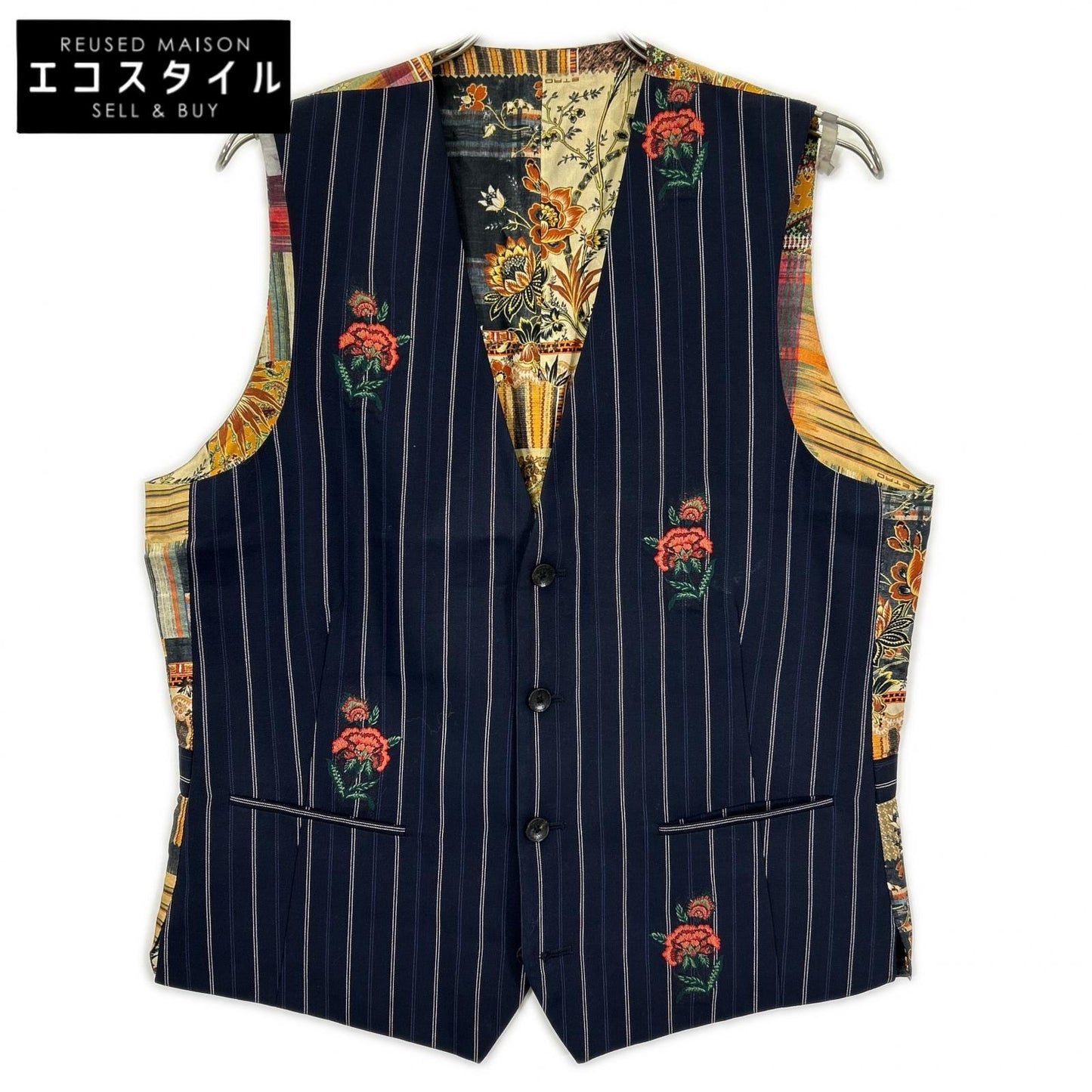 ETRO エトロ 1G960 1186 ネイビー ピンストライプ フラワー刺繍 ジレ ベスト
