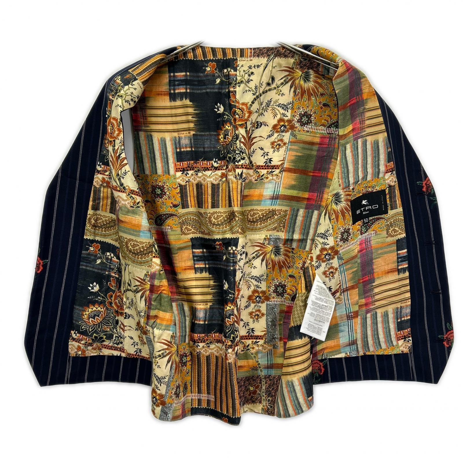 ETRO エトロ 1G960 1186 ネイビー ピンストライプ フラワー刺繍 ジレ ベスト