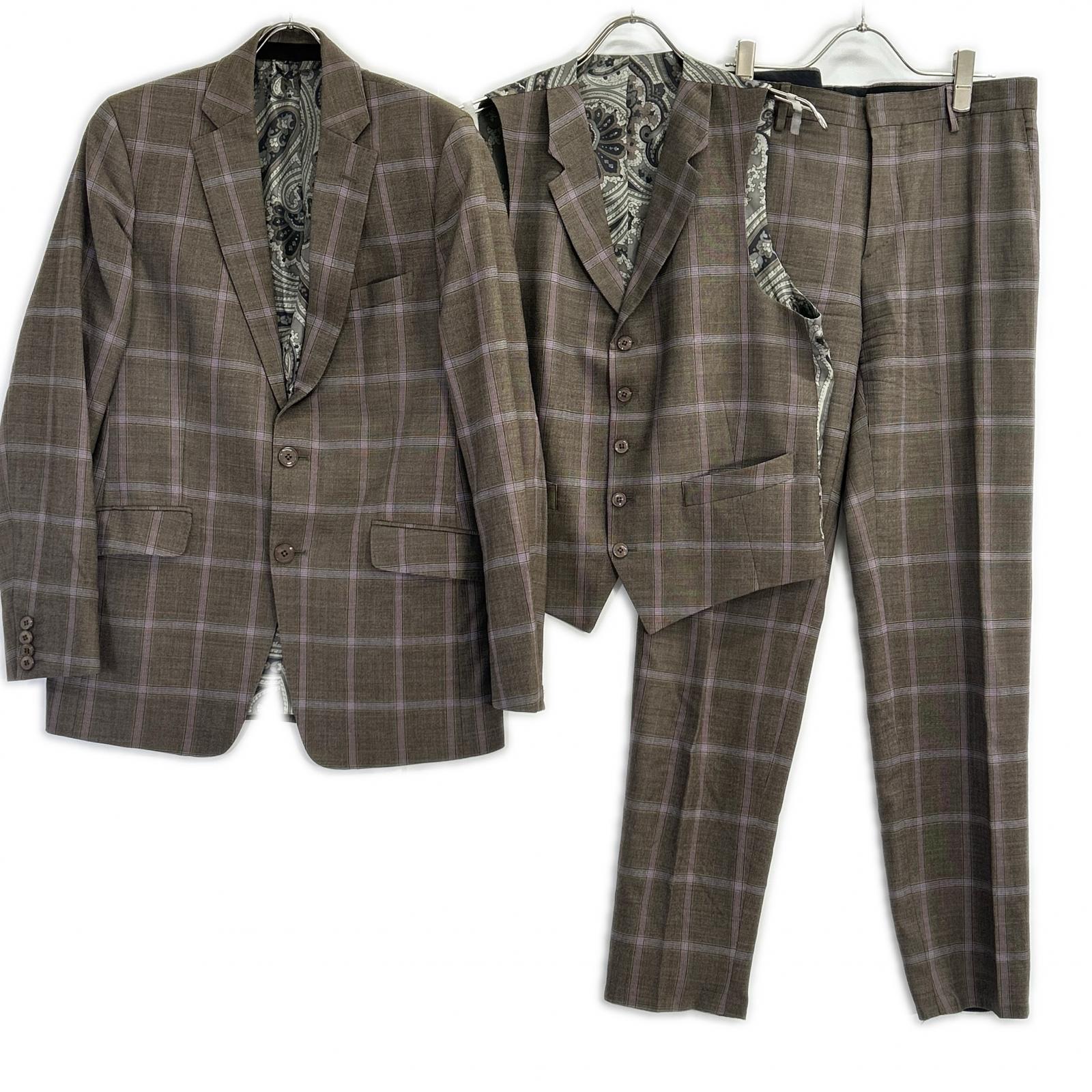 ETRO エトロ ブラウン×パープル チェック柄 ペイズリーインナー 3Pスーツセットアップ スーツ セットアップ