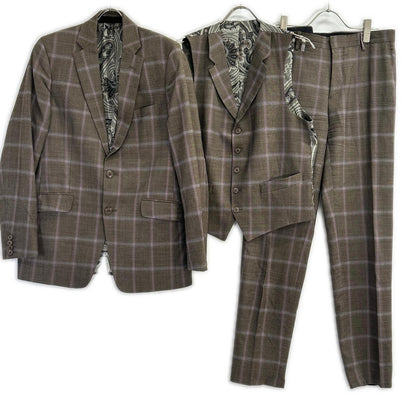 ETRO エトロ ブラウン×パープル チェック柄 ペイズリーインナー 3Pスーツセットアップ スーツ セットアップ