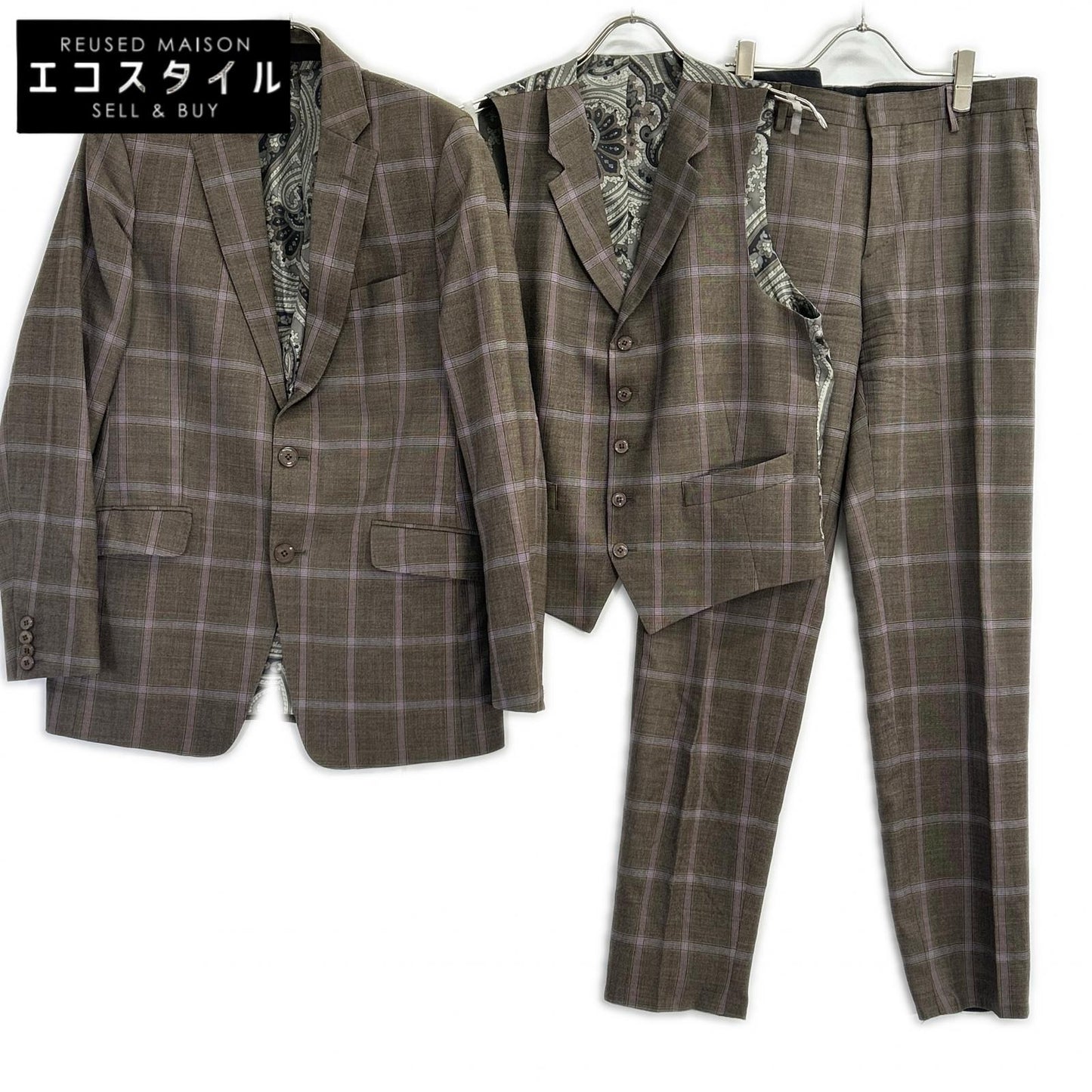 ETRO エトロ ブラウン×パープル チェック柄 ペイズリーインナー 3Pスーツセットアップ スーツ セットアップ