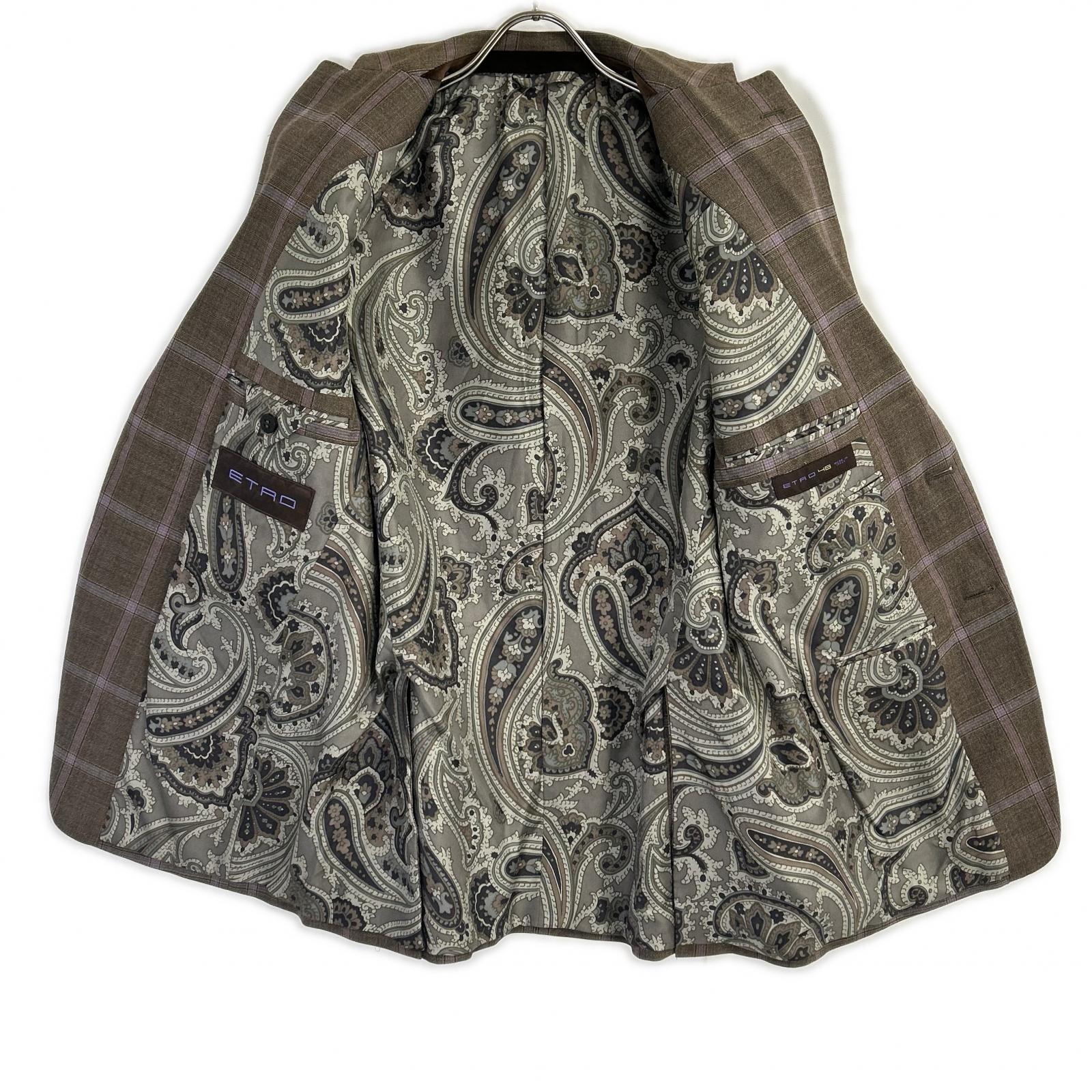 ETRO エトロ ブラウン×パープル チェック柄 ペイズリーインナー 3Pスーツセットアップ スーツ セットアップ