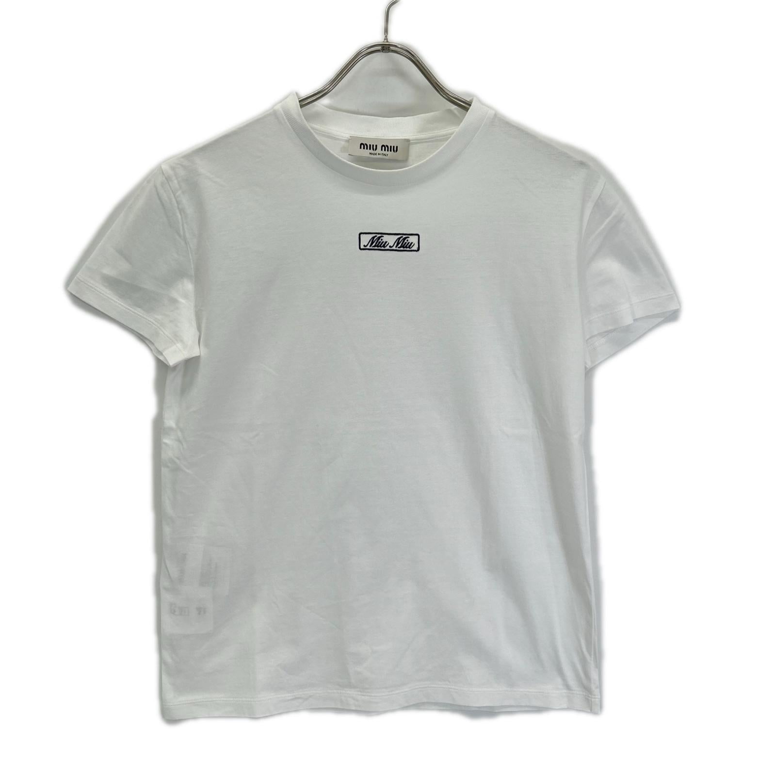 MIUMIU ミュウミュウ MJN383 23年 ホワイト ロゴ刺しゅう エンブロイダリー コットンジャージー Tシャツ トップス