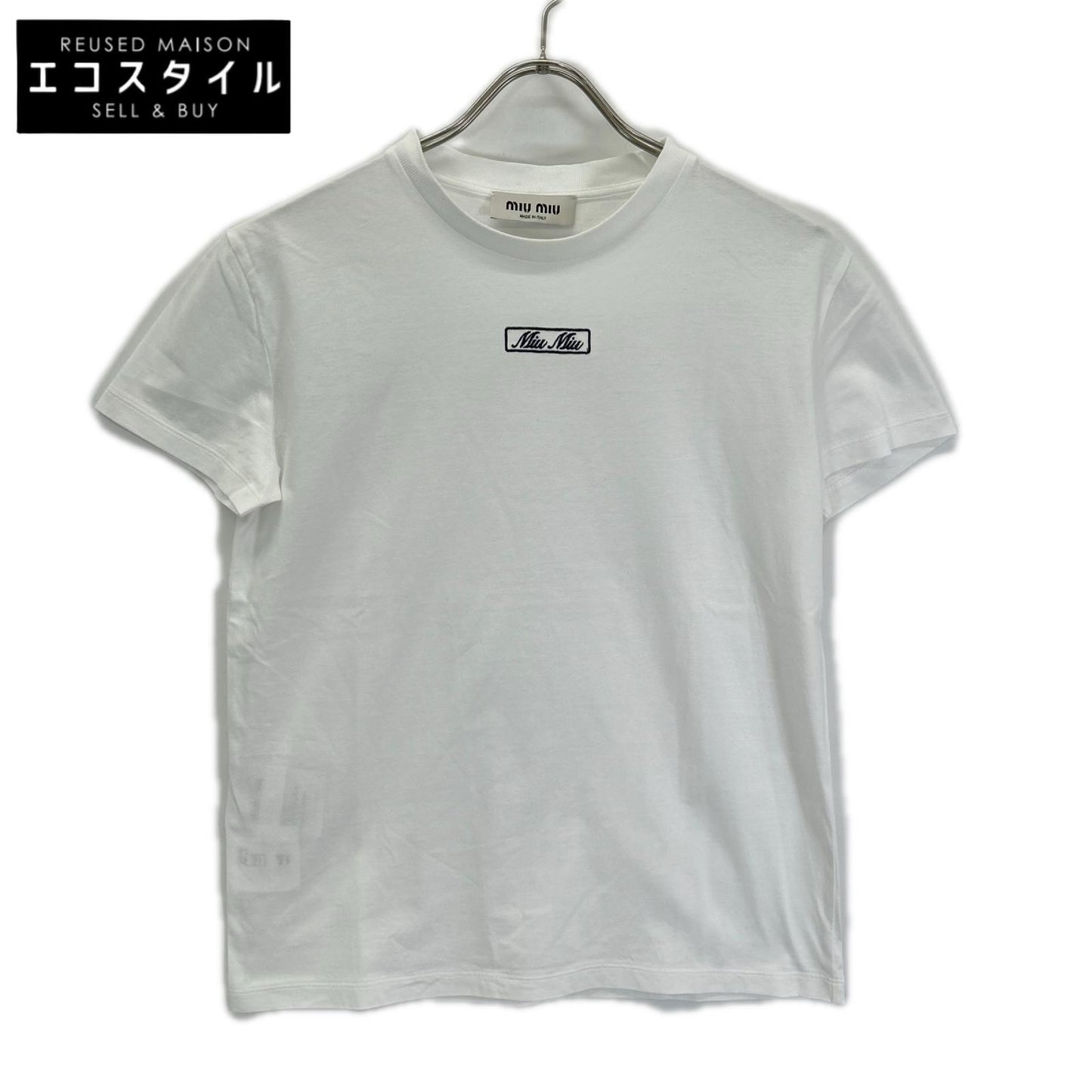 MIUMIU ミュウミュウ MJN383 23年 ホワイト ロゴ刺しゅう エンブロイダリー コットンジャージー Tシャツ トップス